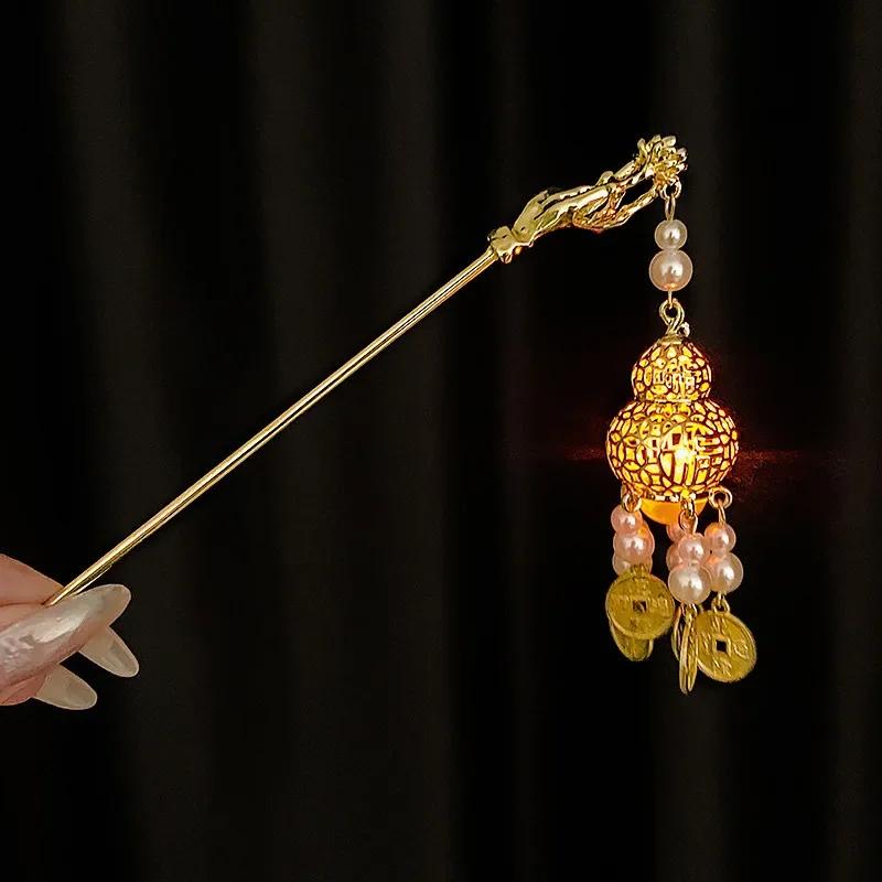 

Светящиеся заколки для волос в китайском стиле для женщин и детей, ретро, металлические, с кисточкой в виде цветка лотоса, шпильки, зажимы, аксессуары для волос