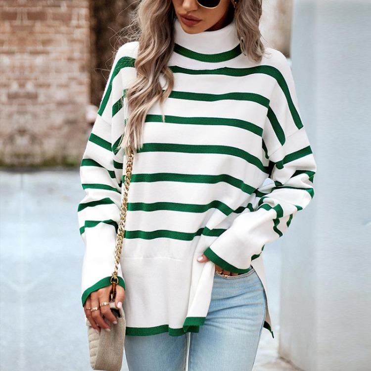 Fashion Women Casual Loose High Neck Striped Knitted Sweater Top Autumn Winter New