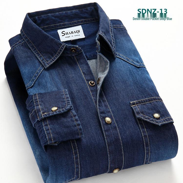 Men's Trendy Spring Classic Cotton Denim Long-Sleeve Shirt with Double Pockets