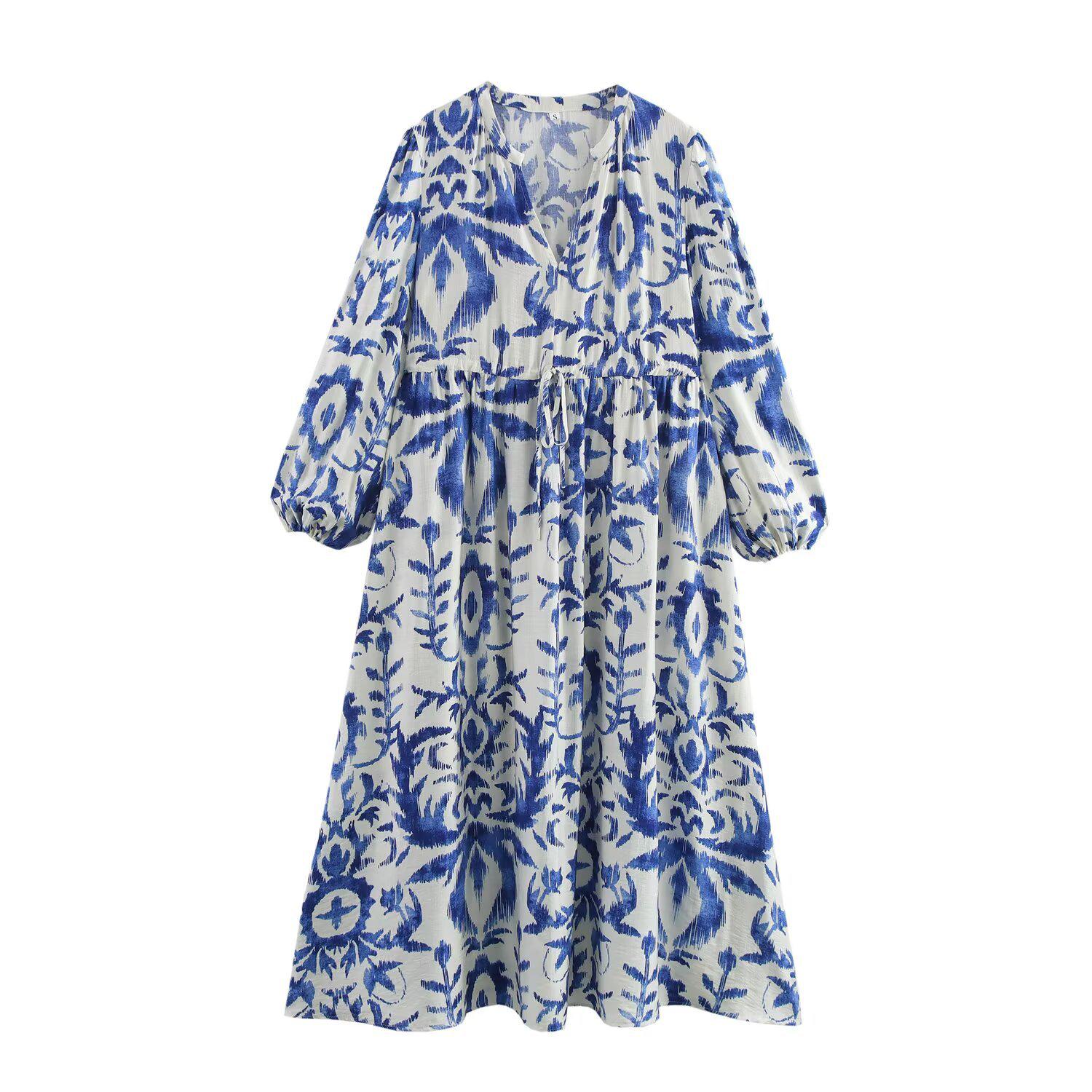 

Весна 2025 Женское Повседневное Платье с V-образным вырезом, сборкой на талии и рукавами-фонариками Medium синий