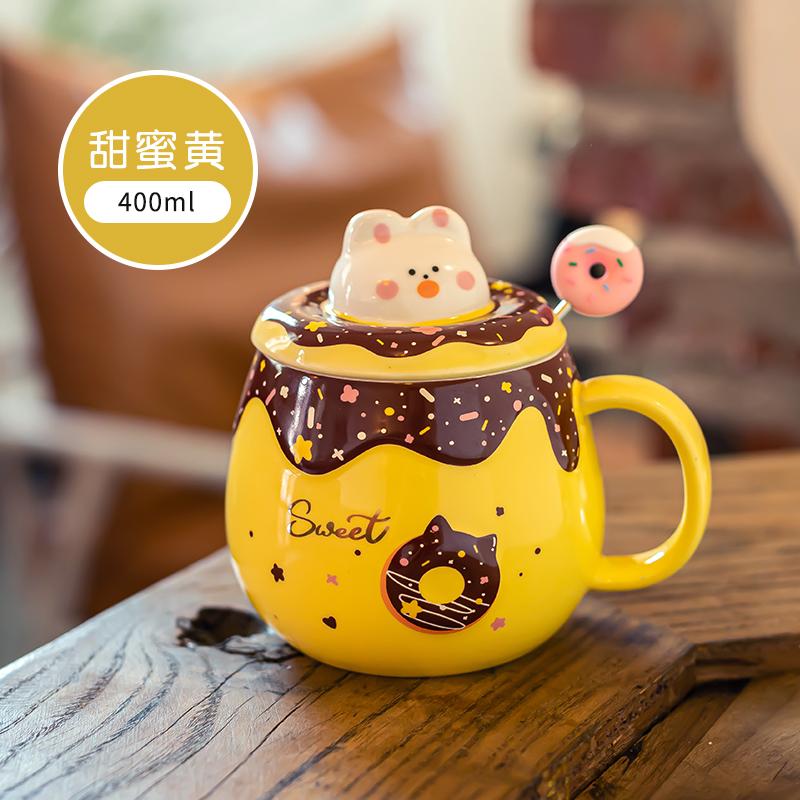 Cute Doughnut Mugs with Lid and Spoon High Appearance Level Girls' Coffee Cups Home and Office Creative Ceramic Drinking Cups