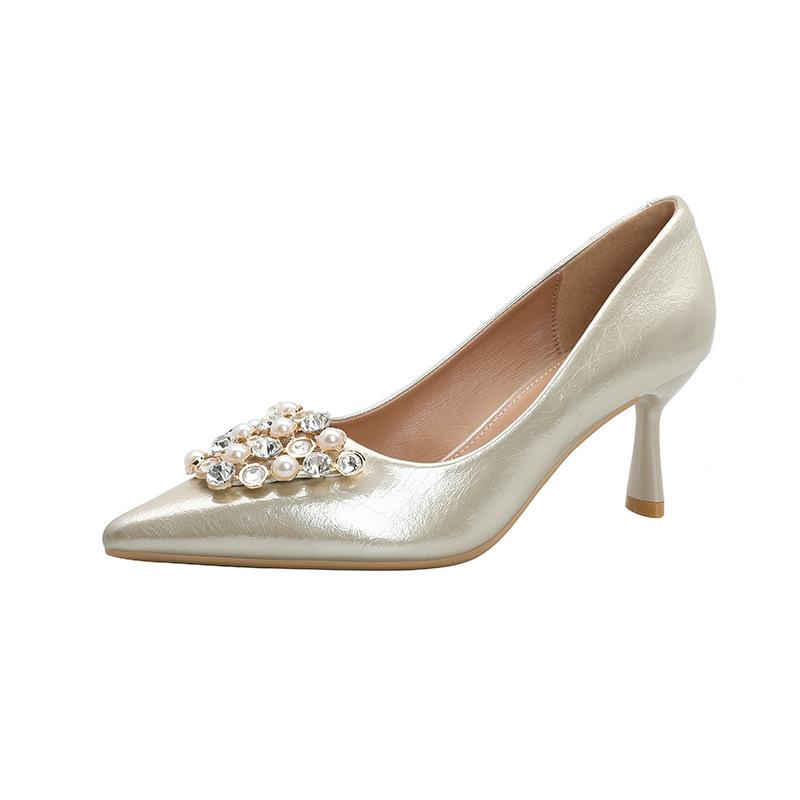 Pointed Pearl Rhinestone High Heels Women's Stiletto 7cm with Skirt Sexy 2025 New French Shallow Mouth Single Shoes