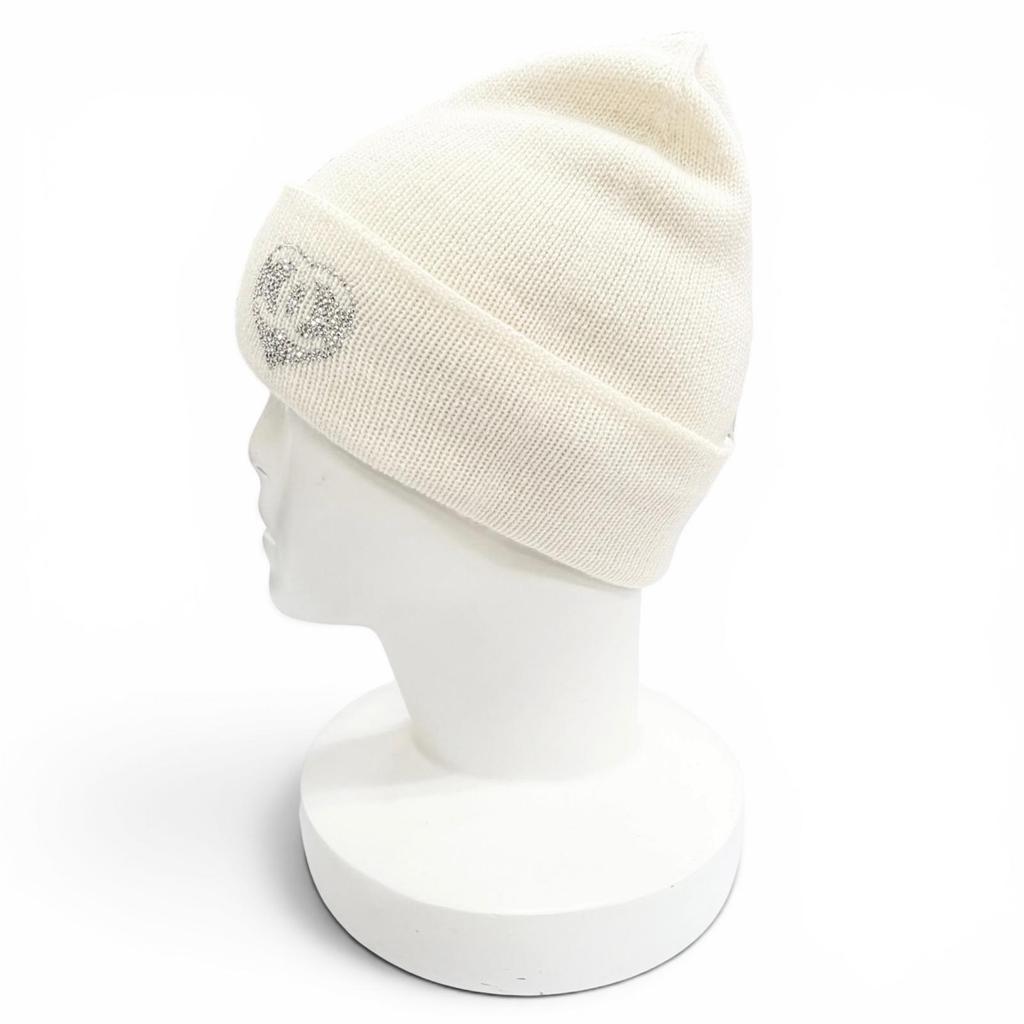 Great CHANEL Knit cap COCO Mark Heart Rhinestone Knit Hat white cashmere Women Used