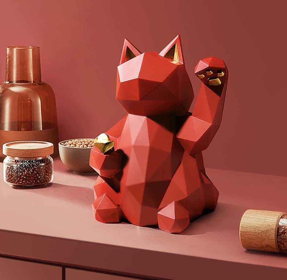 stylish interior decor [Natura Style] Maneki-neko (beckoning cat) figurine, Nordic-style ornament, (Red, Large)