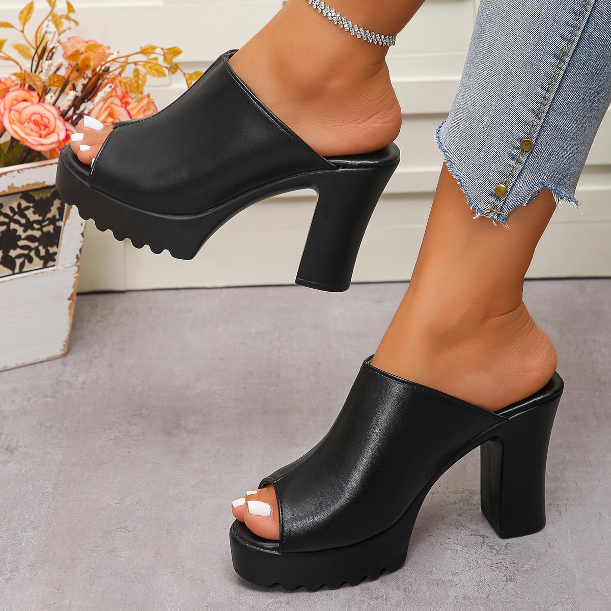 

2025 foreign trade summer new European and American style one-word solid color women s large size thick heel round head cool slippers 35 чорний
