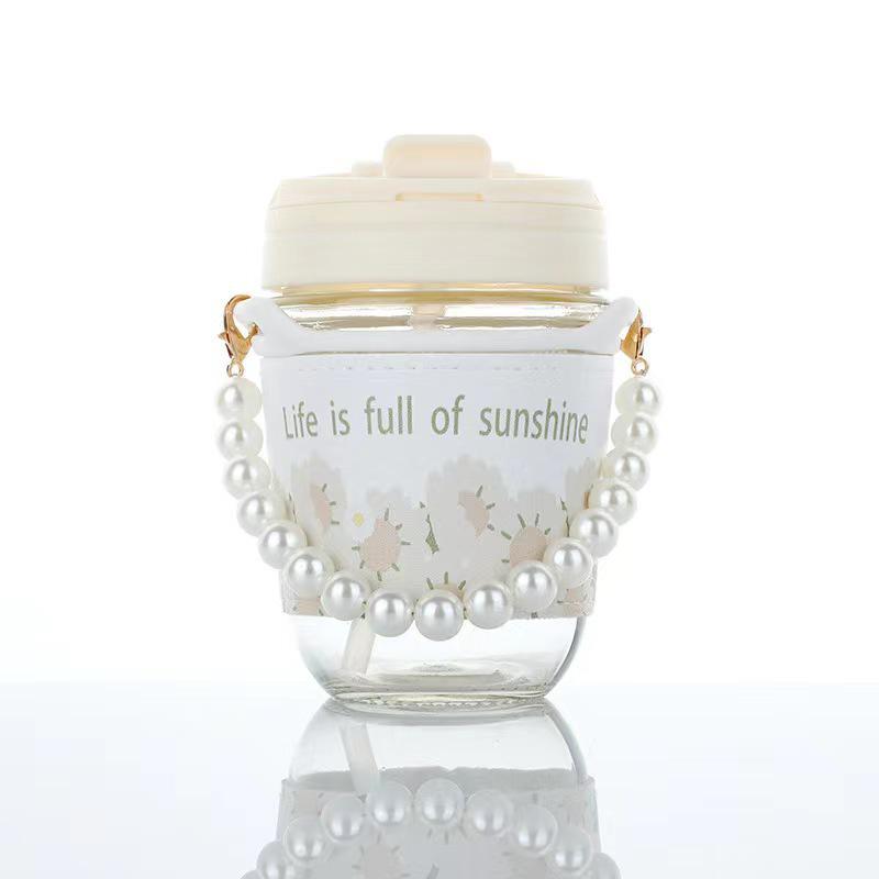 Portable Double-Layer Pearl Glass Water Bottle with Straw 350ml