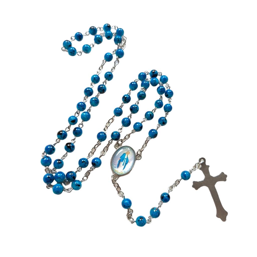 Handmade Round Glass Bead Catholic Rosary Necklace Cross Pendant Religious Necklace Long Chain Choker Player Religious