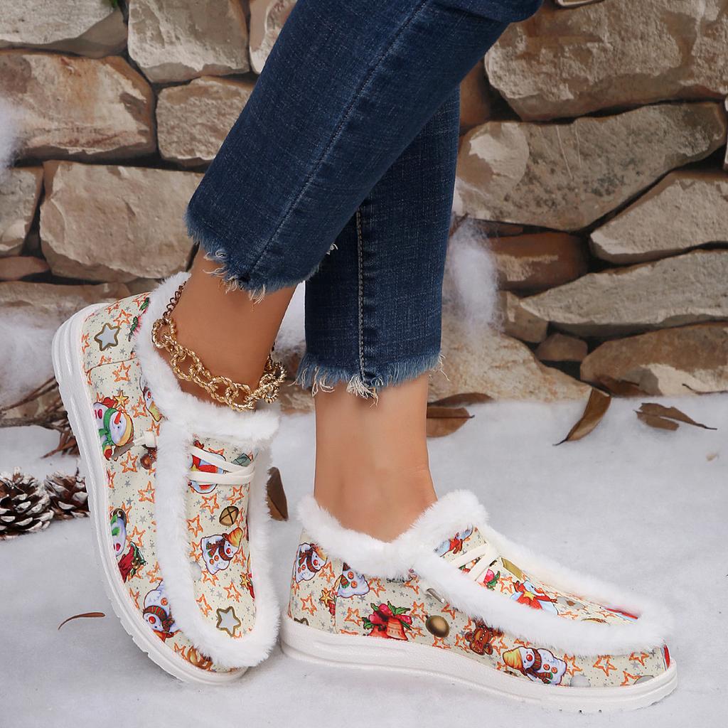 Plus Size Women's Shoes 2025 Autumn/winter New Casual Shoes Women's Christmas Print Fleece Warm Cotton Shoes