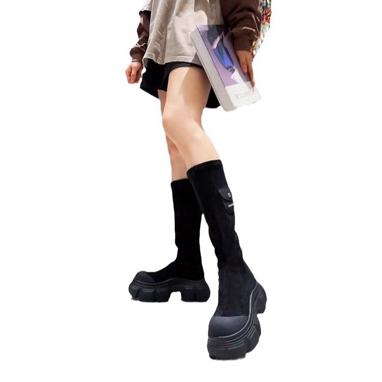 Women Elastic Socks Boots Ladies Thick-Soled Stovepipe Boots Flat Knee Stretch Boots Ladies Sports Leisure Slim Boots