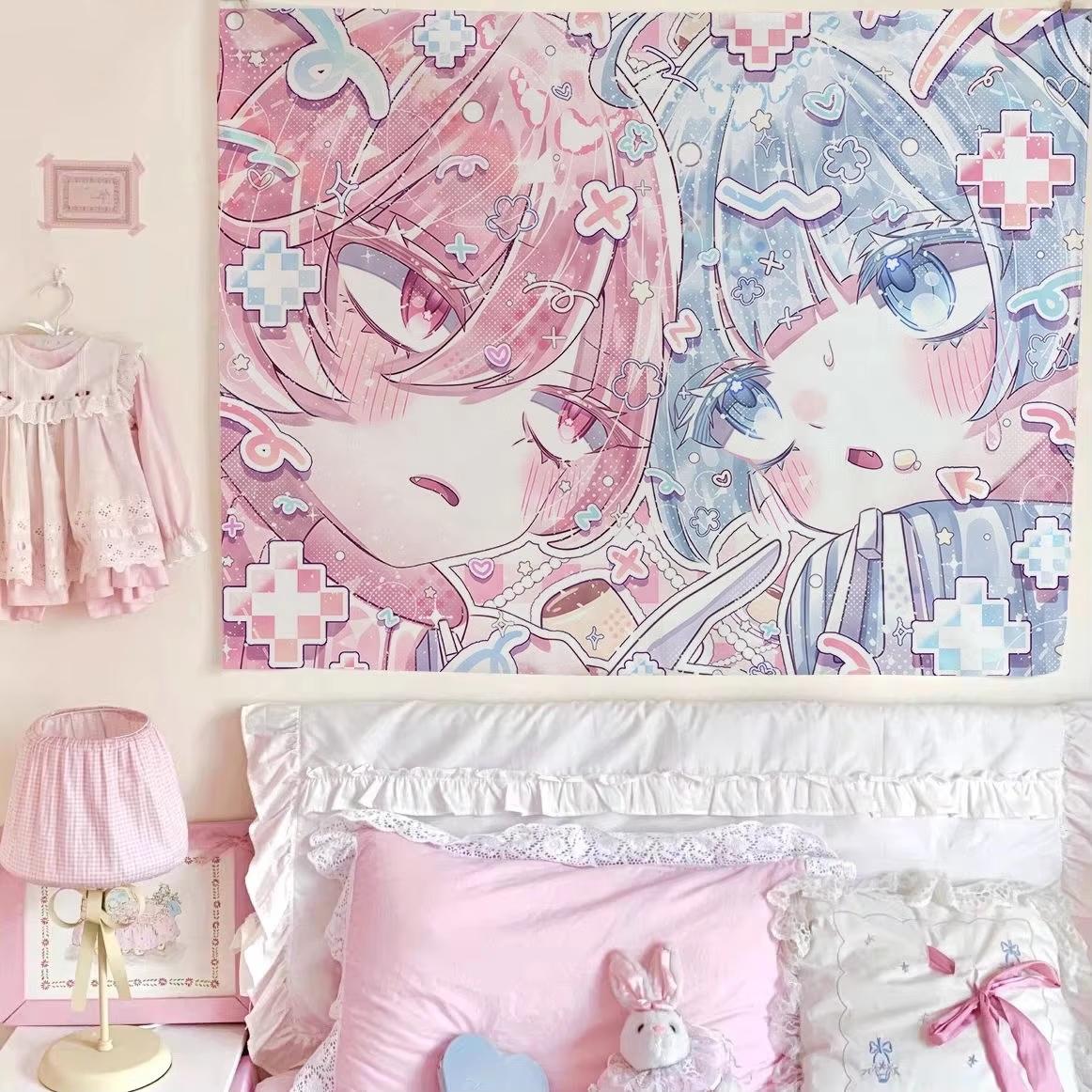 Instagrammable Photo Background Kawaii Pink Anime Tapestry for Social Media Content Studio Decor 74x94cm(29x37in)