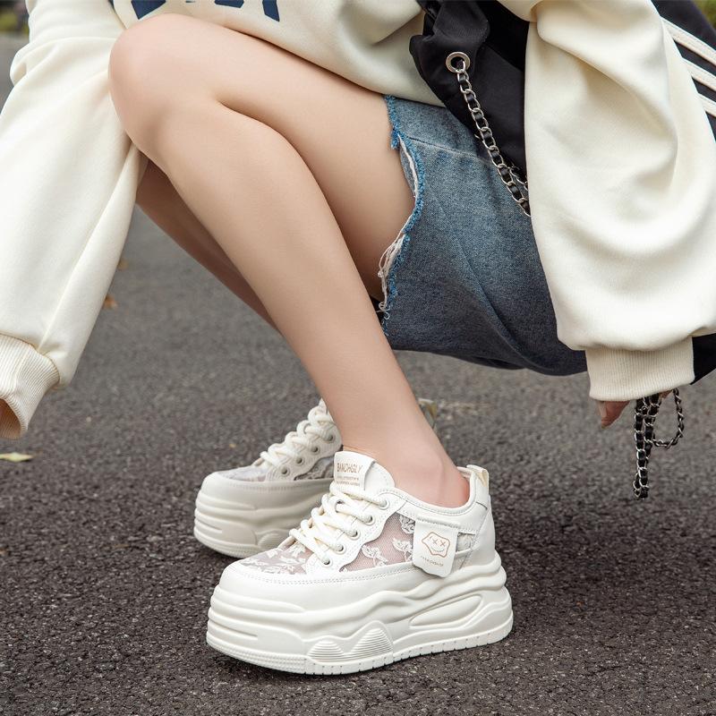 Leather little white shoes women's new single-mesh breathable thick-soled heightening sports and leisure shoes versatile muffin board shoes