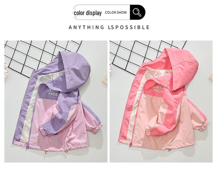 Girls' Spring and Autumn Color Block Windbreaker: Children's Fashionable Hooded Jacket