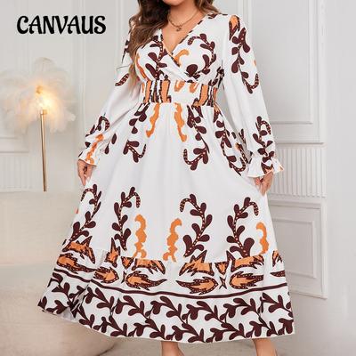 Women's Plus Size Loose Big Size New Print Long Sleeve V Neck Long Dress