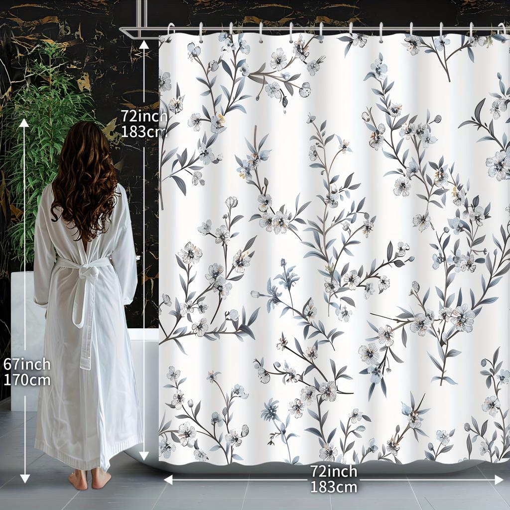Water-Resistant Floral Curtain - Machine Washable, Hooks & Grommets, Woven Polyester, Unlined Bath Decor