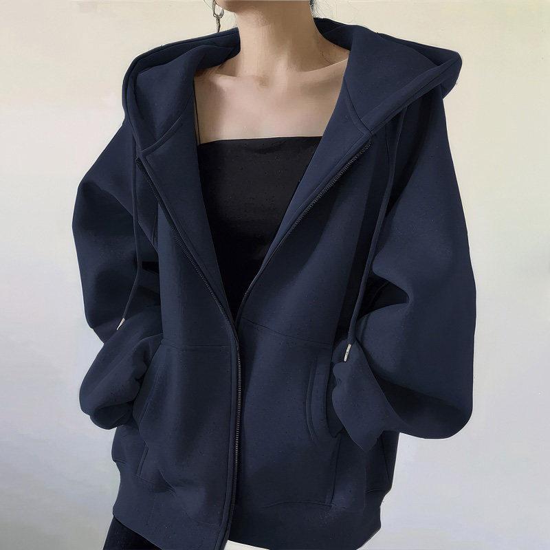 Women's Dark Blue Zipper Sweatshirt Jacket - New Korean Style for Spring & Autumn 2026