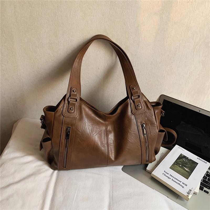 PU Tote Bag Women's Large Capacity Shoulder Handbag with Zip Pockets Casual Fashion Everyday Carry Bag