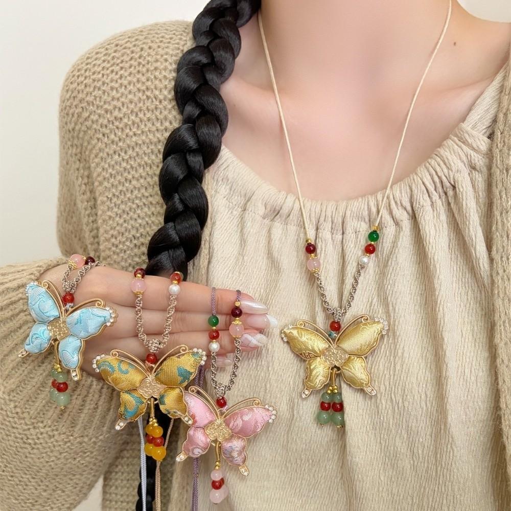 Butterfly Pendant Tassels Necklace Ethnic Style Embroidered Pendant Necklace  Ethnic Fashion