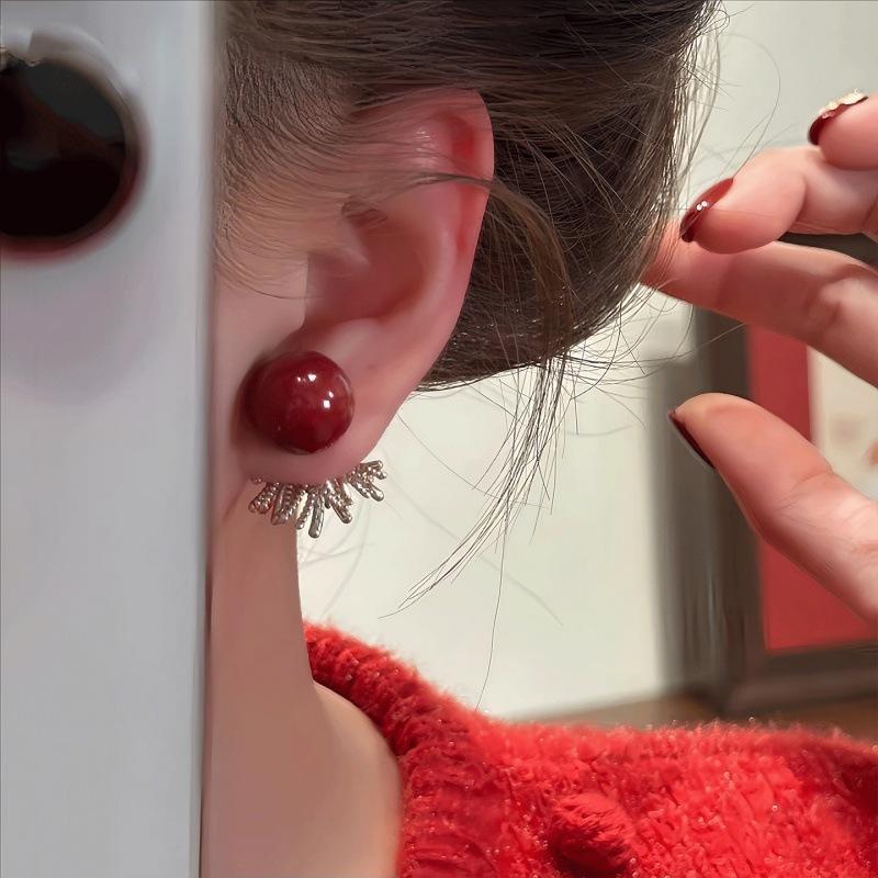 New Year's red pearl zircon fireworks stud earrings, popular two bead earrings, women's fashion design sense, versatile earrings