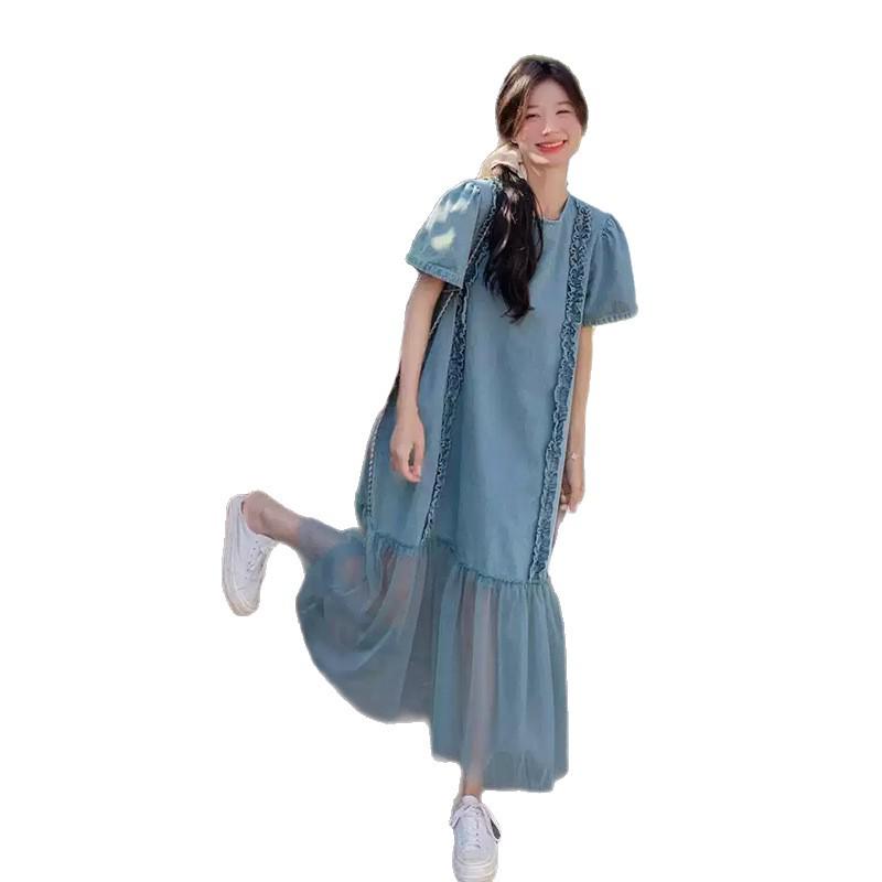 2026 Spring Sweet Lace Short-Sleeve Dress with Denim Maxi Skirt