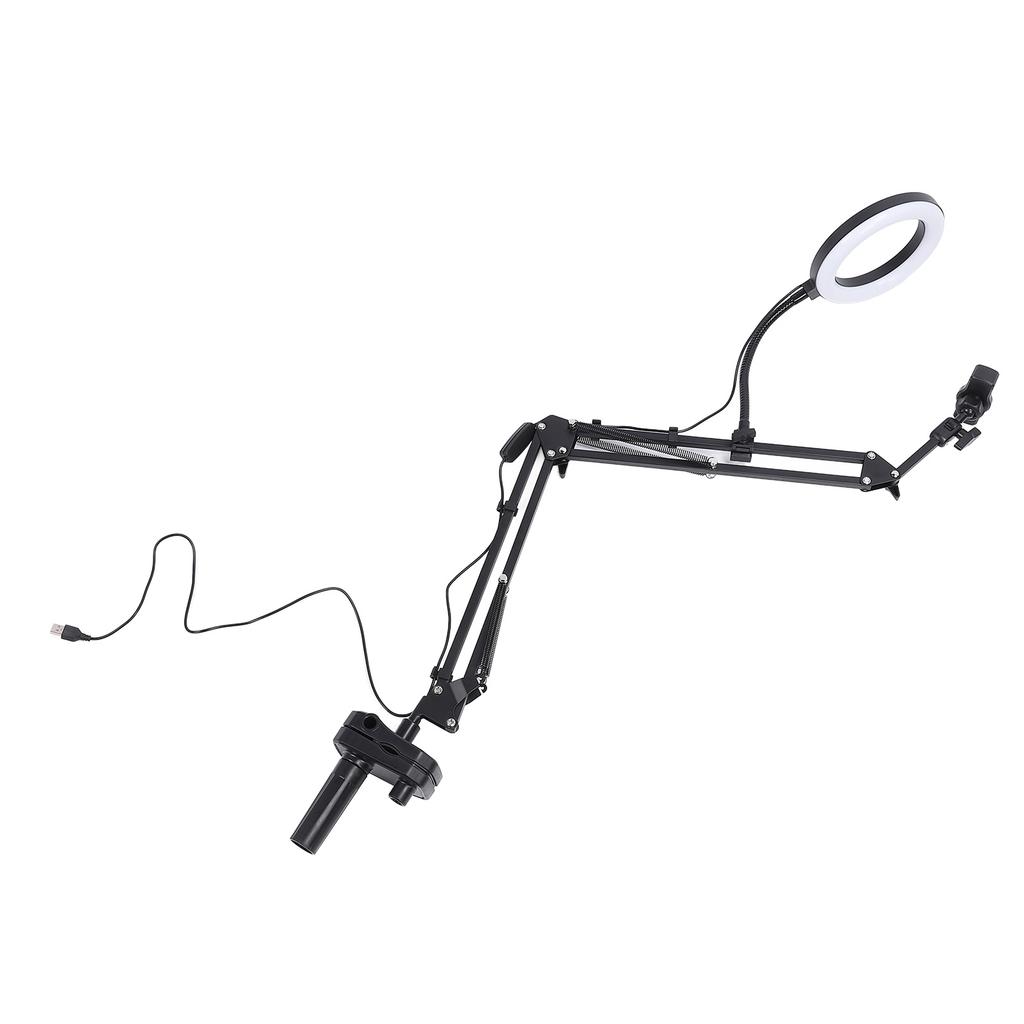 Inel luminos pentru selfie cu 3 temperaturi de culoare, braț retractabil, inel luminos deasupra capului cu clemă pentru suport de telefon