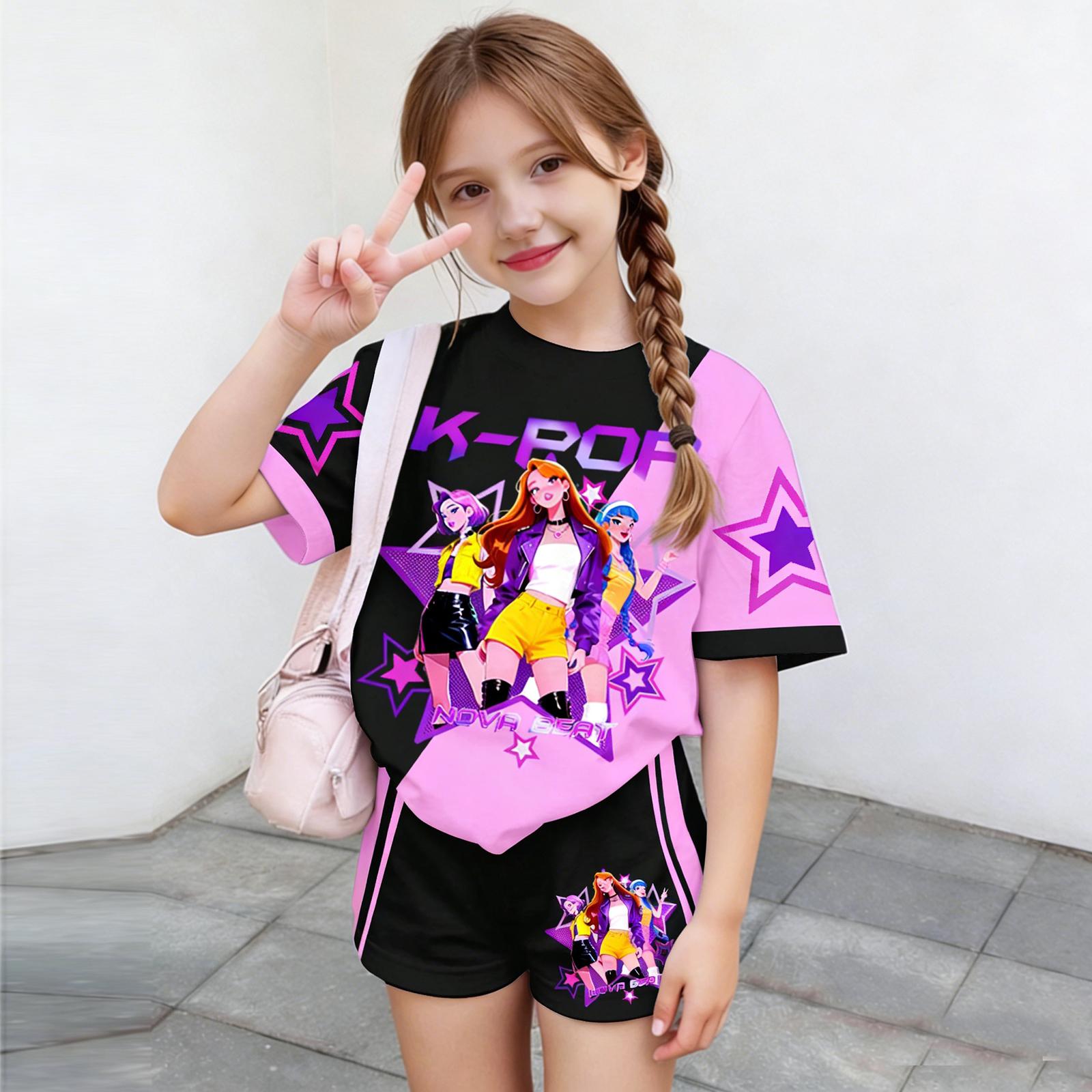 

Children s Casual Short-sleeved Printed Short-sleeved Top And Shorts Two-piece Set 100 чёрный