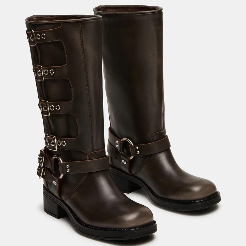 Autumn and winter new retro punk knight boots thick heel round head belt buckle medium boots