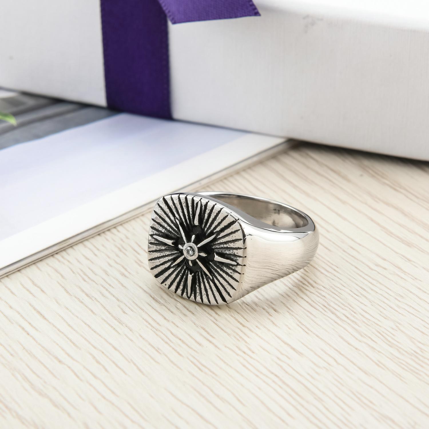 New European and American Retro Compass Zircon Stainless Steel Ring, Men s Titanium Steel Ring Does Not Fade 7