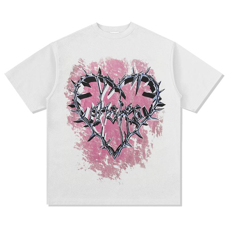 Washed Retro High Street Thorns Small Heavy Vintage Printed Short-Sleeved T-Shirt Retro Neckline Love Bottoming Shirt Cotton