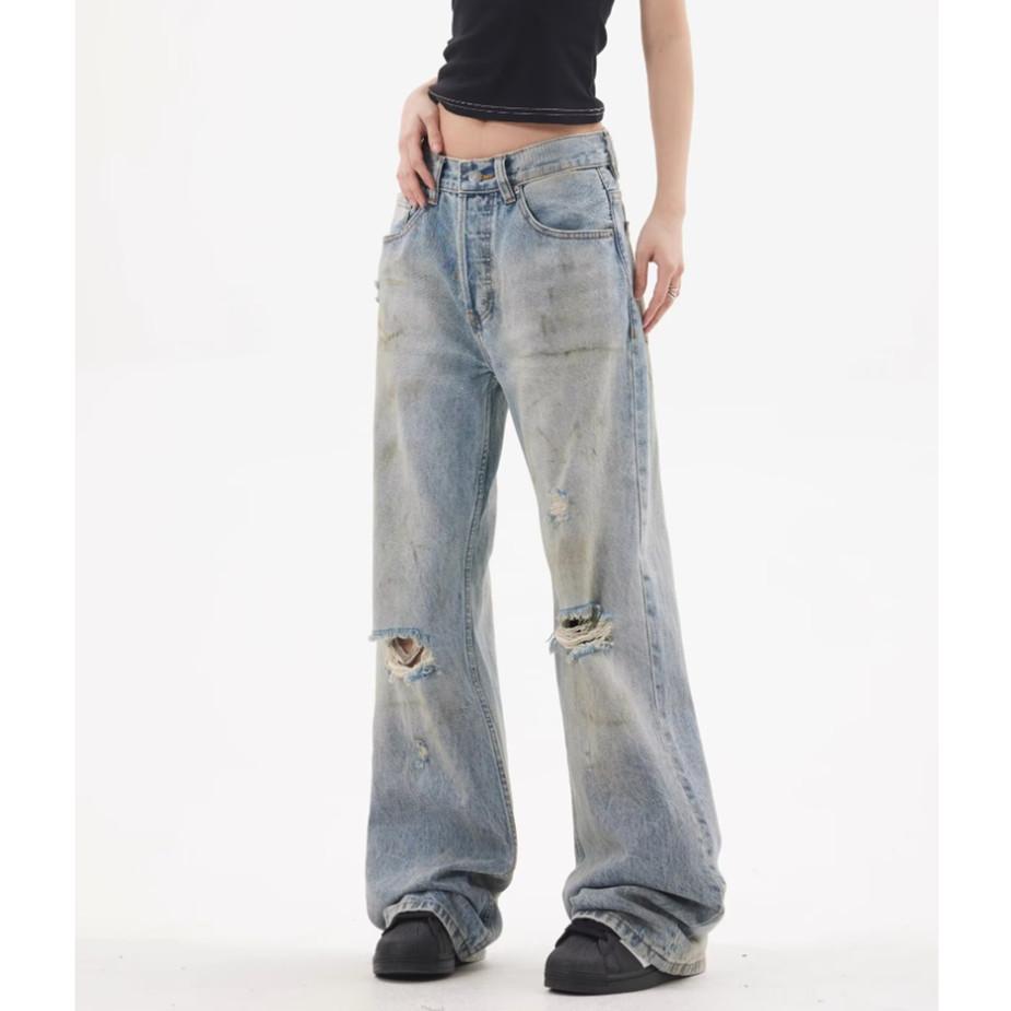 Street retro washed ripped jeans American new ins new loose straight casual pants