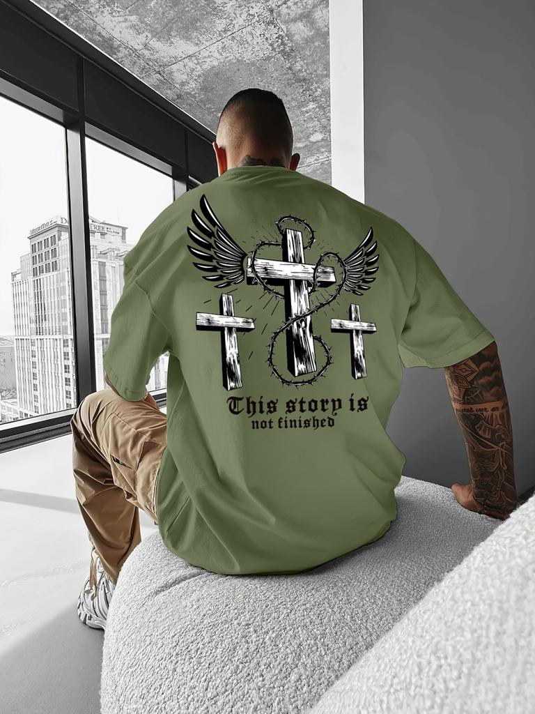 New men's summer cross and wing print breathable and comfortable round neck T-shirt outdoor fashionable casual top