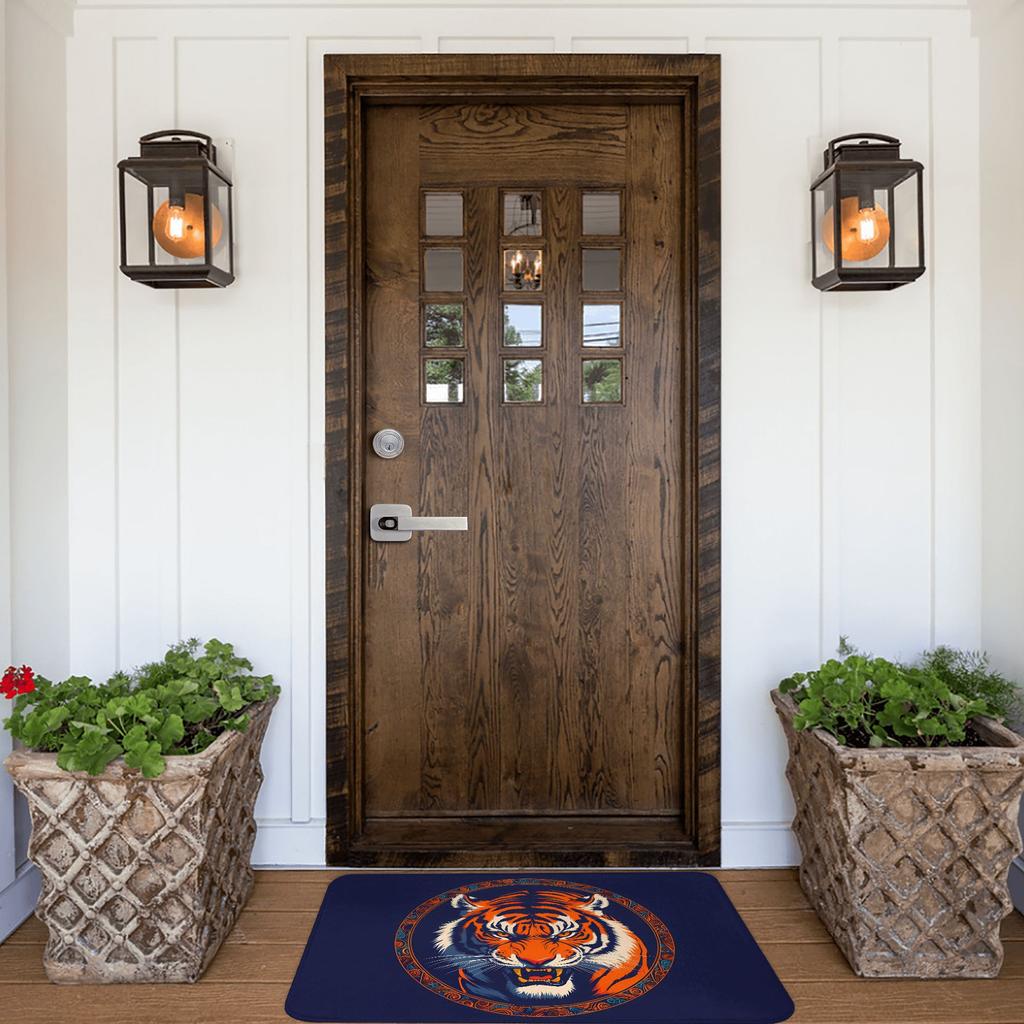 Tiger Head Doormat Bold Asian Style Circular Design Navy Printed Polyester Machine Washable Entrance Floor Mat for Home Decor