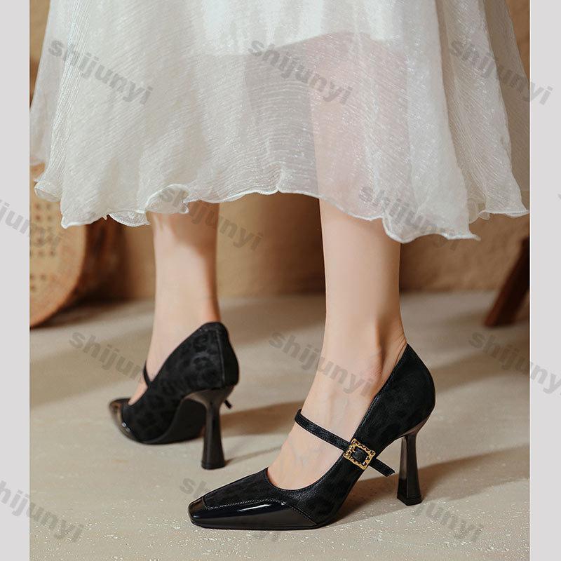 Fashion New Mary Jane Women's High Heels 2025 Thin Heels Sexy Fashion Leopard Shoes Women Square Head Buckle Strap Pumps High Quality