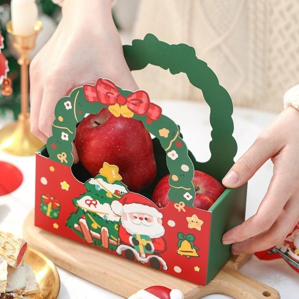 5pcs New Christmas Handle Treat Boxes Cartoon Santa Claus Paper Gift Packing Bag Navidad Decor Red Green Xmas Packaging
