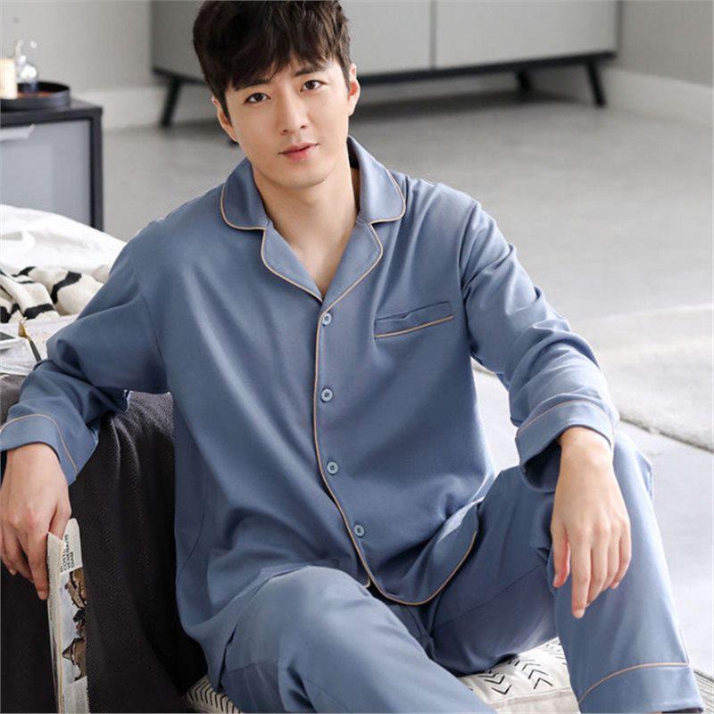 Men's Korean Style Cotton Cardigan Pajama Set - Long Sleeve & Pants for Spring & Autumn, Wearable Outdoors
