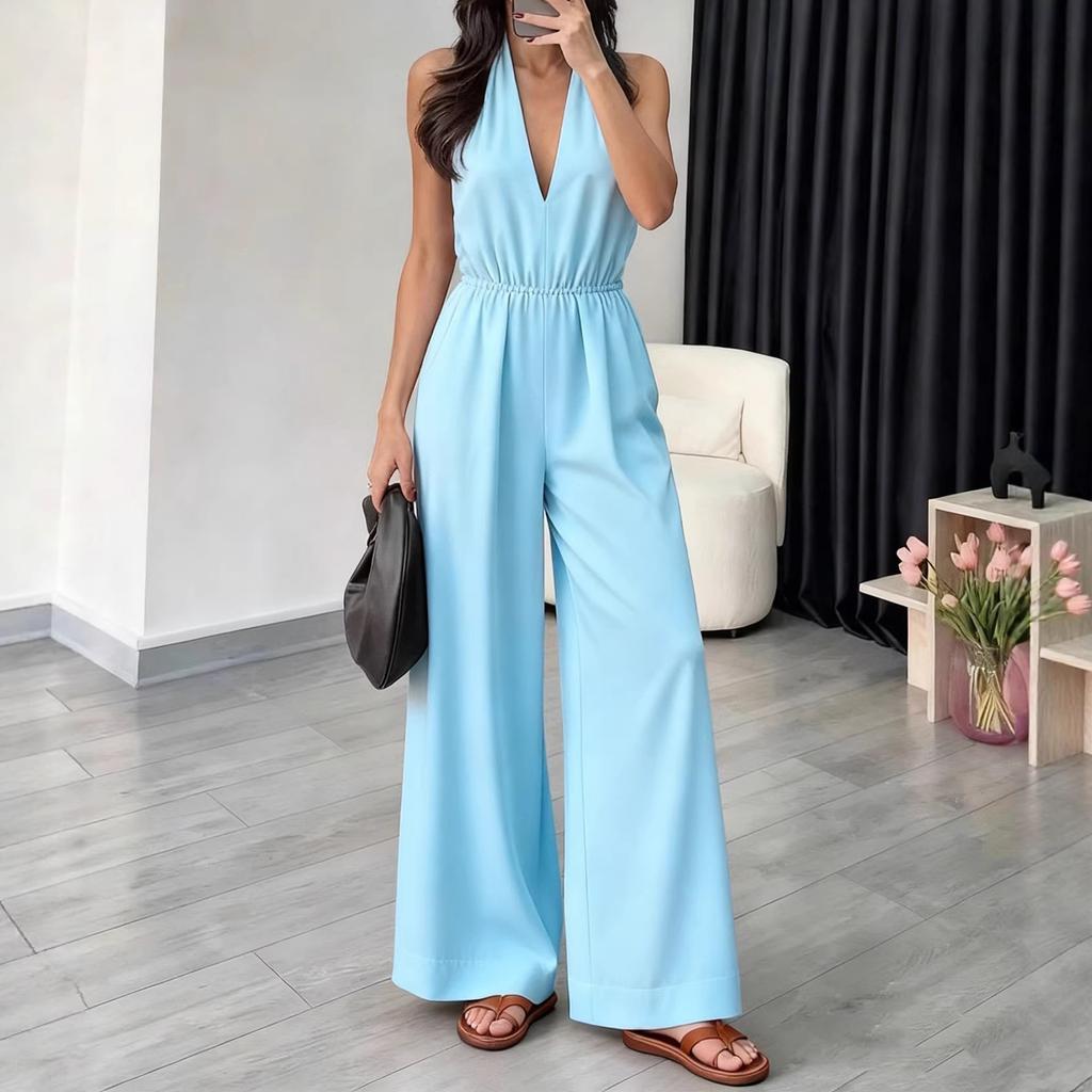 Women Sleeveless V Neck Halter Neck Jumpsuit Wide Leg Elastic Waist Casual One Piece Romper