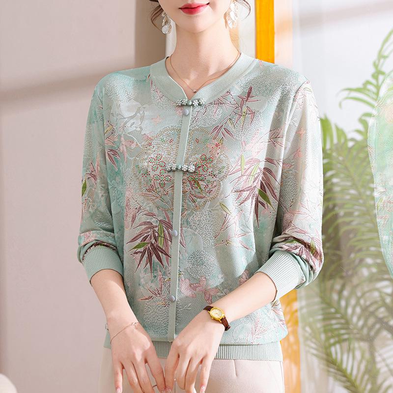 Elegant Long Sleeve Chinese Style T-Shirt for Middle-Aged and Elderly Women - Spring Patterned Elastic Top