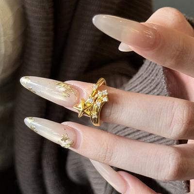 Real Gold Electroplated Zircon Star Opening Ring French Retro Light Luxury Index Finger Ring Daily Versatile Jewelry