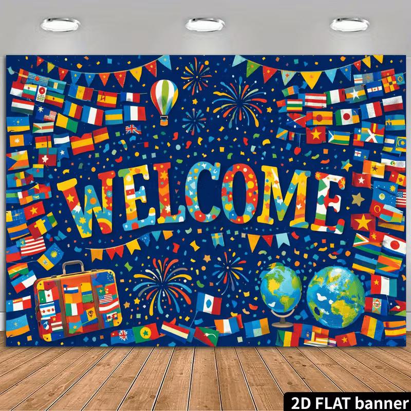 

2D World Flags Welcome Backdrop with Globe and Travel Suitcase Design 47.2x31.5inch/120*80cm