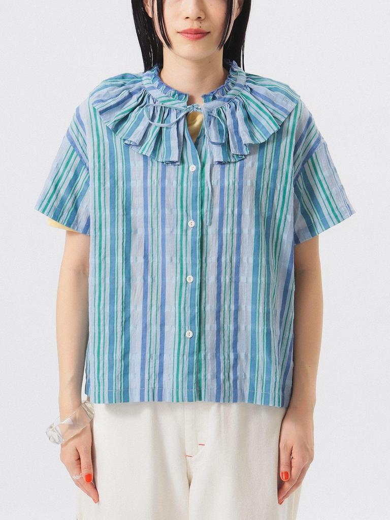 Beams Boy Women's Striped Ruffle Short Sleeve S/S Shirt, Blue, Free Size