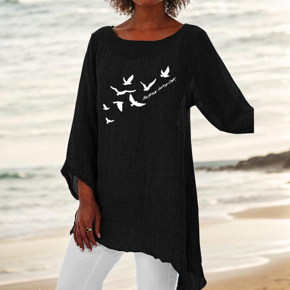 Women Fashion 3/4 Sleeve Top Round Neck Print Blouse Ladies Thin Cotton Linen Shirt