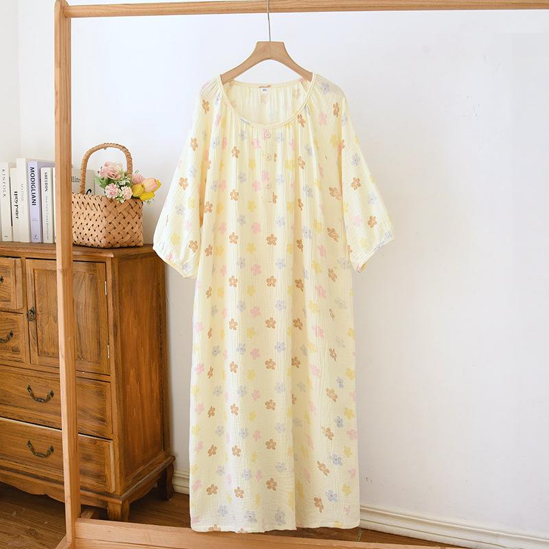 2026 Neuer Damen Frühling/Sommer Schlafrock 100% Baumwollkrepp Stoffrock Rundhals Fünf Ärmel Locker Süßes Hauskleid