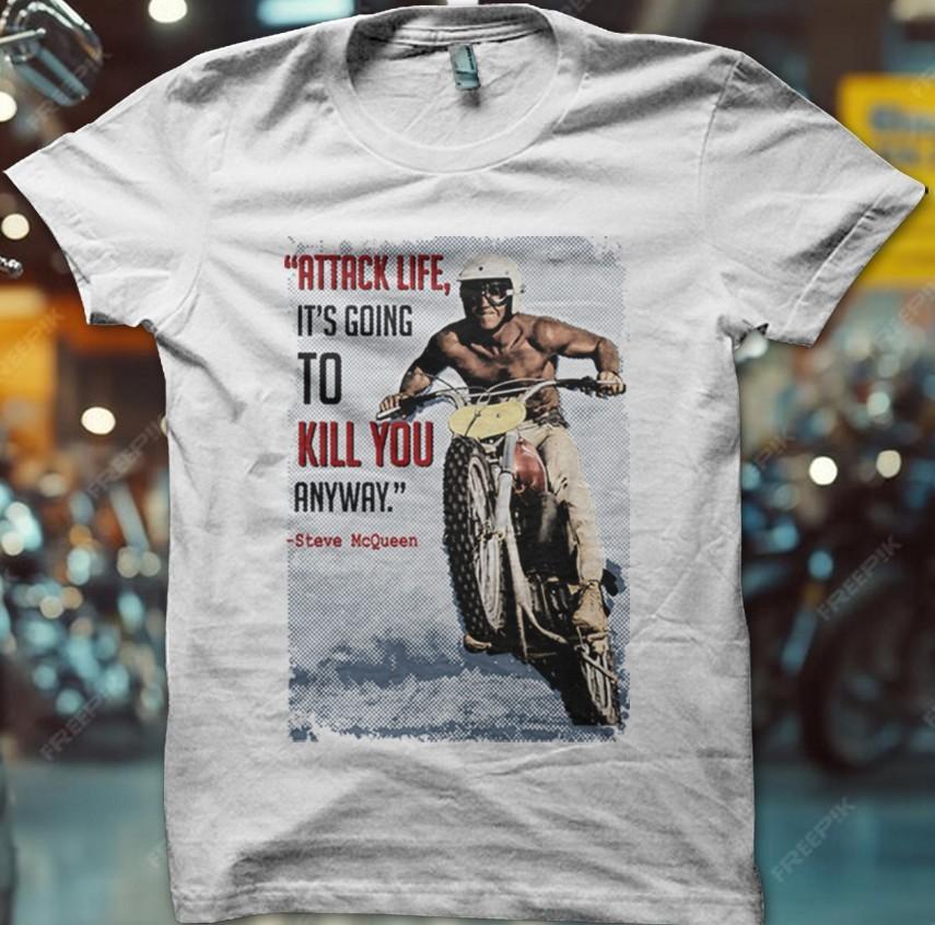 Steve McQueen Quote T Shirt Attack Life Motorbike Biker Retro Moto Tee S разноцветный
