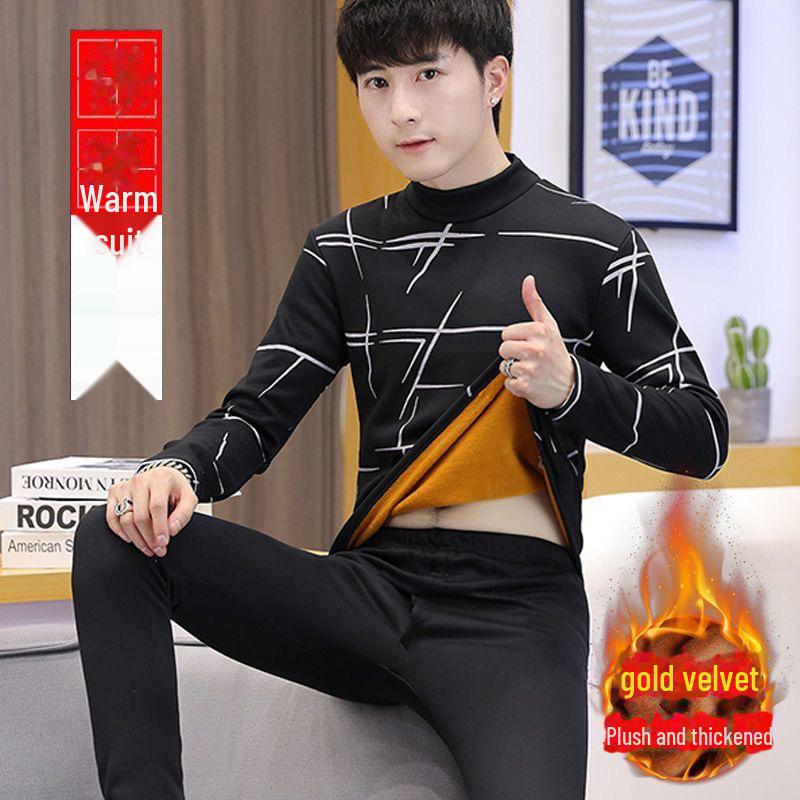 Men's Trendy Thermal Underwear Set: Teen Plus Velvet, Thickened Warm Bottoming Shirt & Pants for Autumn/Winter