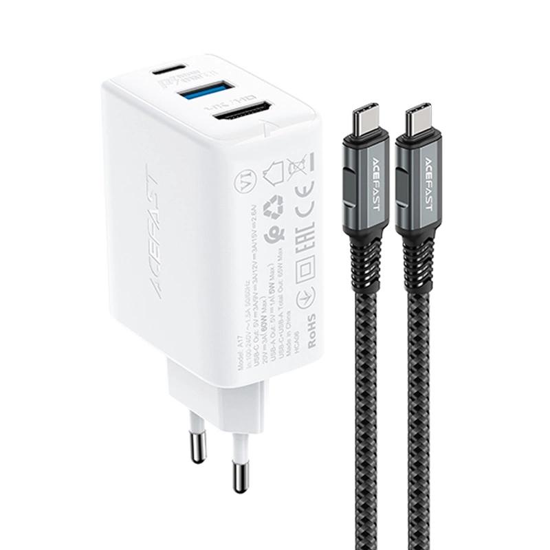 Acefast 2W1 Ładowarka Sieciowa Gan 65W Usb Typ C / Usb, Adapter Przejściówka Hdmi 4K@60Hz (Zestaw Z Kablem) Biały (A17 White)