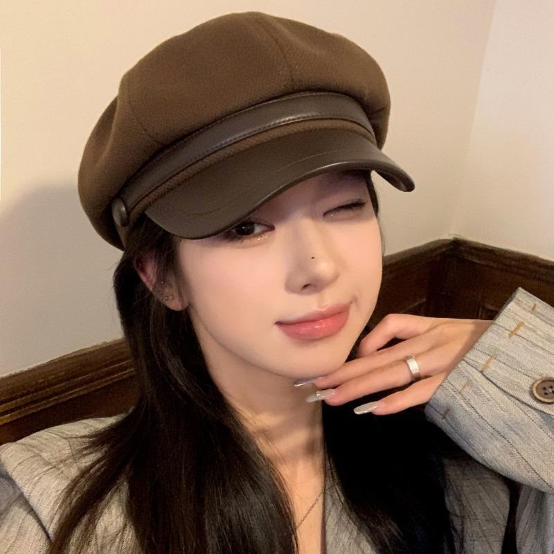 Autumn and winter octagonal hat woolen female painter duck tongue versatile face small tide high-end hat