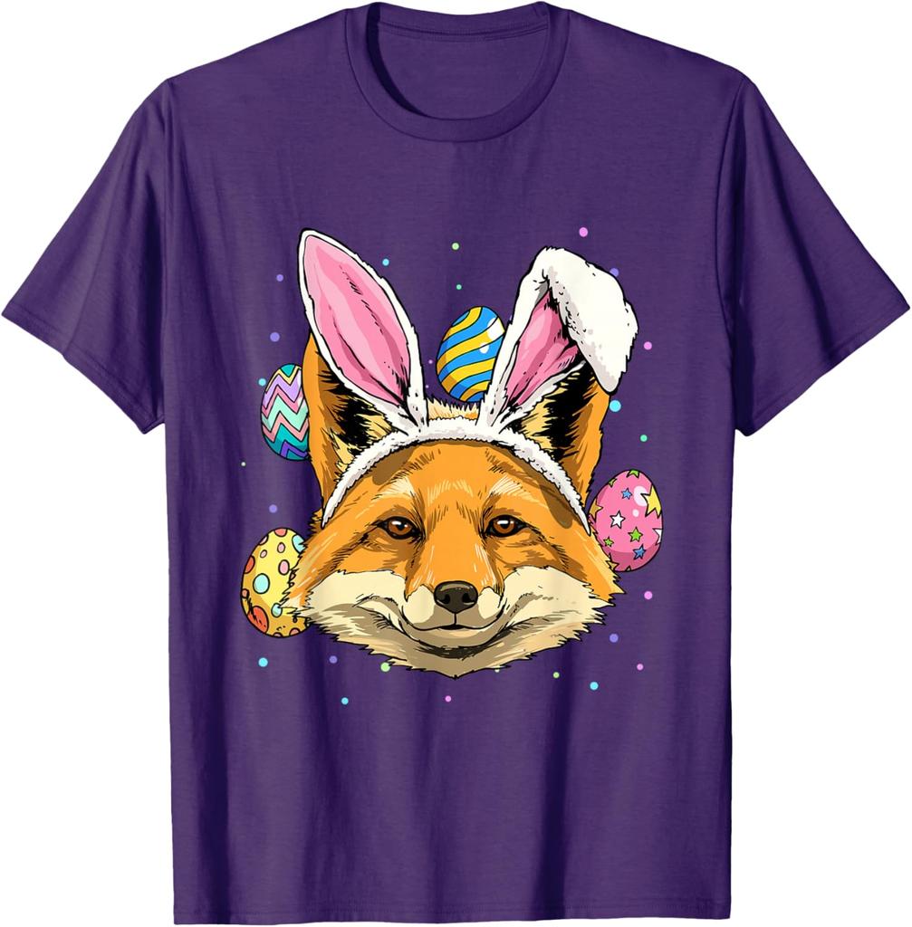 Easter Bunny Fox T-Shirt Funny Fox Lover Animal Graphic Tee Casual Crew Neck Tee