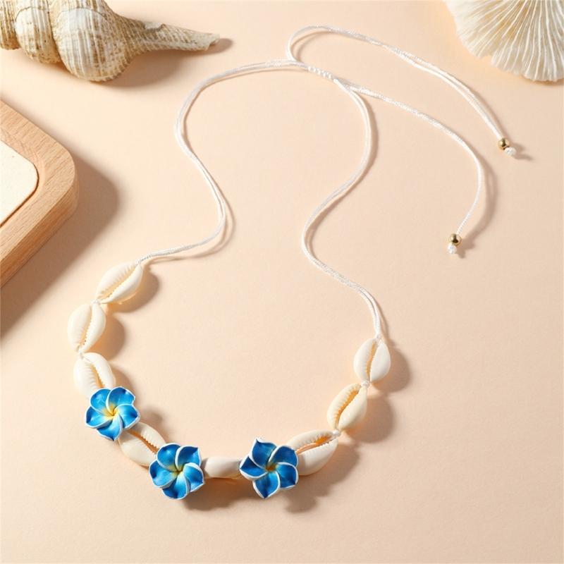 Elegant Soft Clay Flower and Shell Pendant Necklace Sturdy Flexible Chain Jewelry Accessory Gift