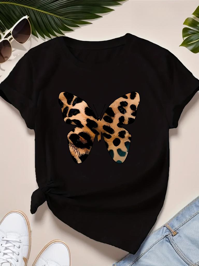 Womens Leopard Butterfly Graphic TShirt Soft Comfortable Casual Tee Short Sleeve Round Neck with Bold Leopard Print Design