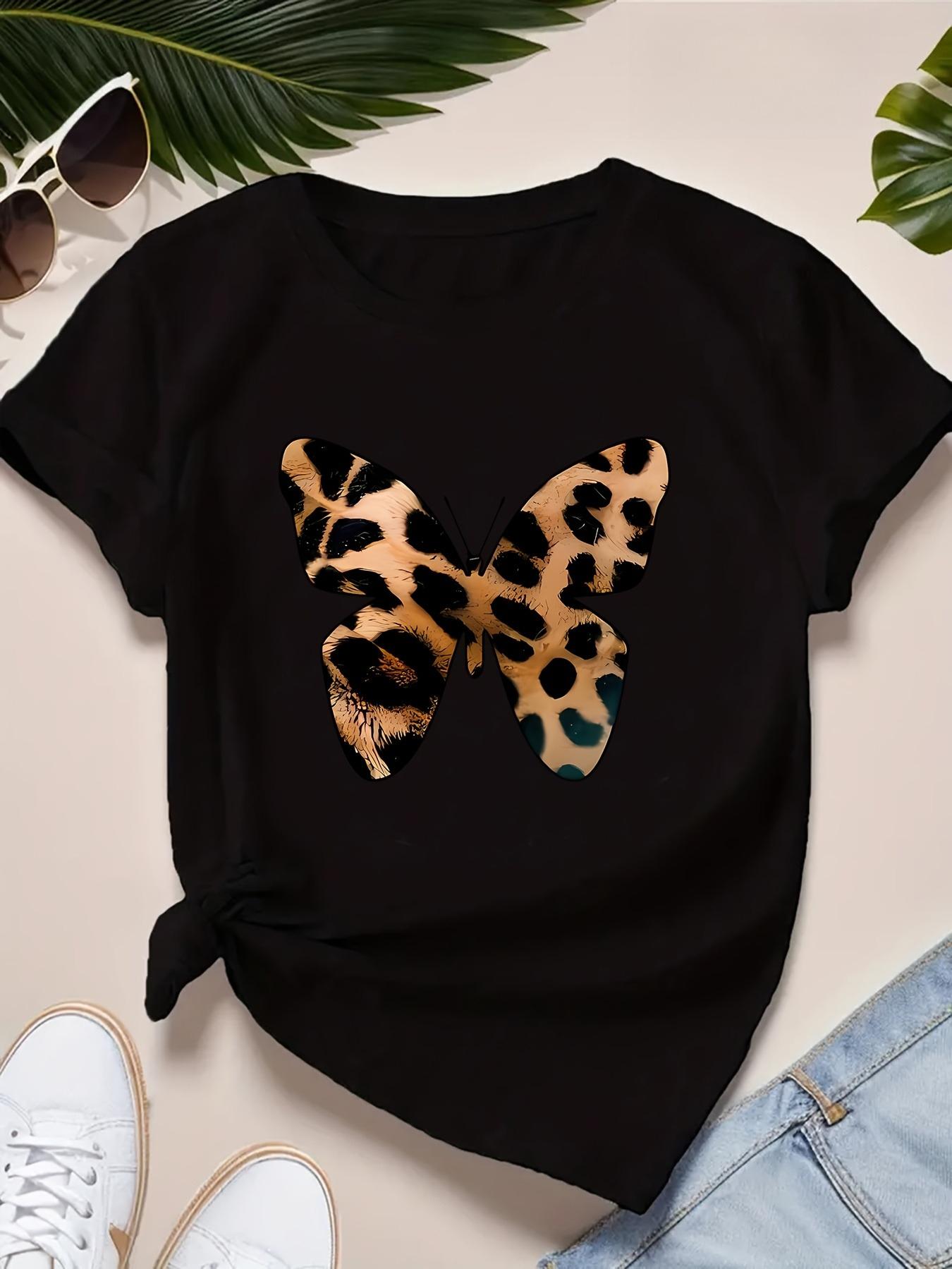 

Womens Leopard Butterfly Graphic TShirt Soft Comfortable Casual Tee Short Sleeve Round Neck with Bold Leopard Print Design 4XL