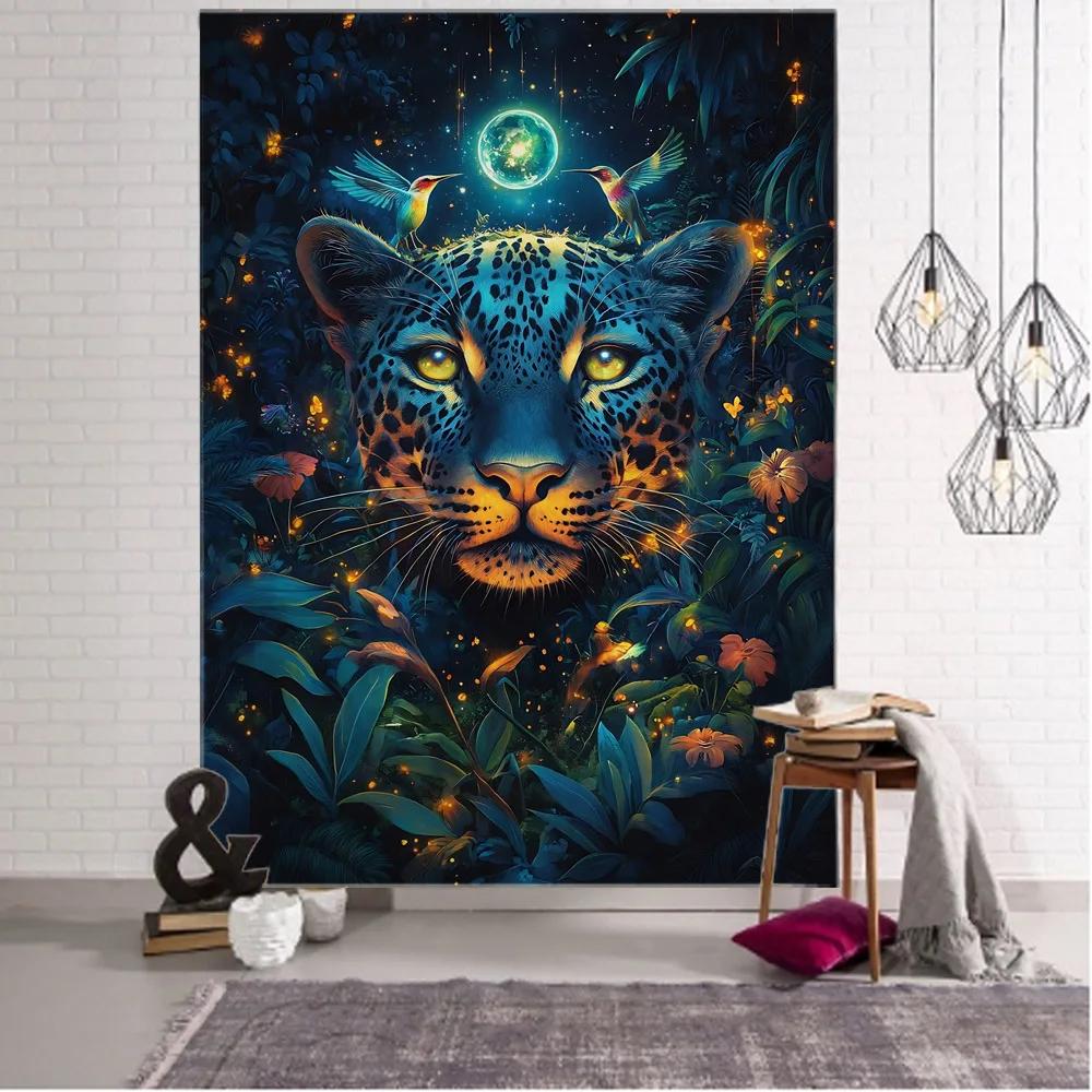 Psychedelic Hippie Jungle Animal Tapestry Wall Hanging Owl Tiger Elephant Flower Bird Background Home Decor